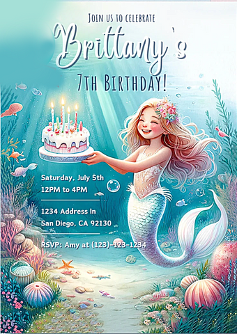 Mermaid Birthday Invitation, Underwater Mermaid Princess Party Invite Printable