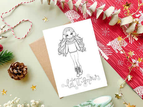 Coloring Printable Card Girl Winter Fashion Yellow Winter Card