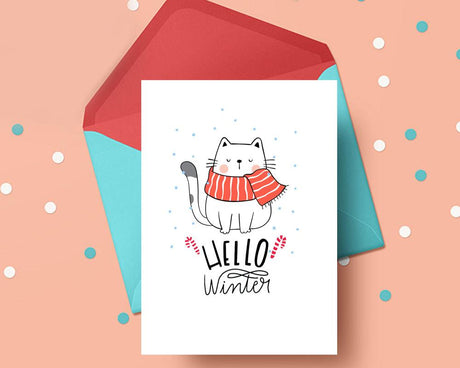 Kawaii Cat Card Hello Winter Printable