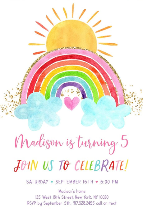Rainbow Sunshine Birthday Invitation Printable Card
