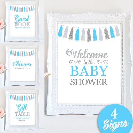 Printable Boy Baby Shower Signs - Welcome sign , Guest book sign, Favors sign - Tassel Blue, Silver - INSTANT DOWNLOAD
