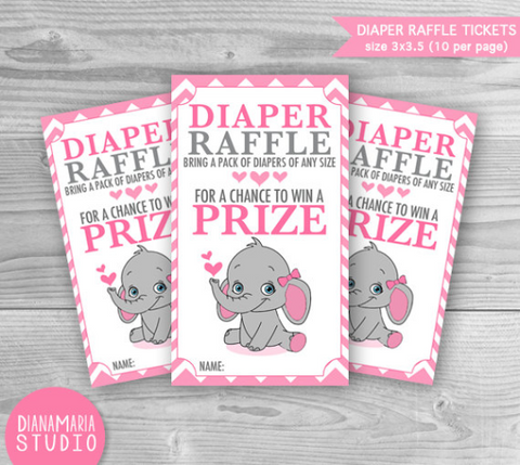 Diaper Raffle Elephant Tickets- Baby Shower Games Printable diaper raffle tickets Pink chevron - INSTANT DOWNLOAD