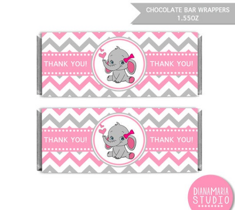 Chocolate Bar Wrappers Elephant Girl Baby Shower Printable Candy Wrapper Label Pink Chevron
