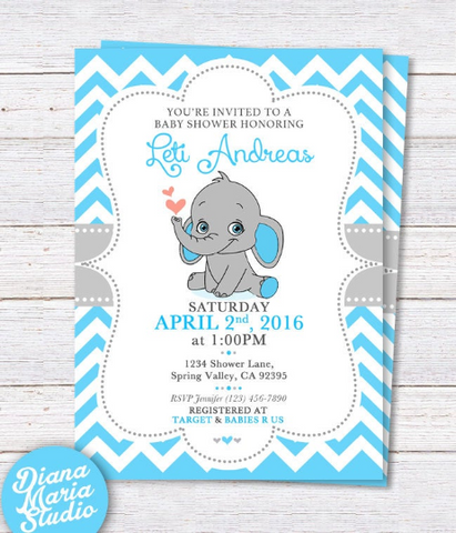 Elephant Baby Shower Invitation - Printable Boy Baby Shower invitation - Blue and gray chevron