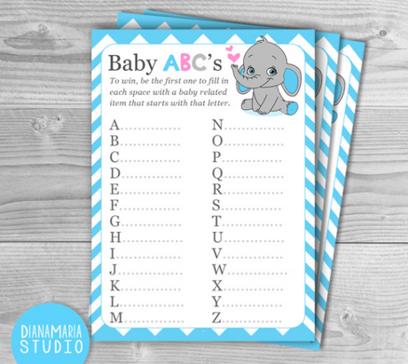 Boy Baby Shower Game-Baby ABC - Elephant Blue Chevron theme - DIY Printable Digital Games