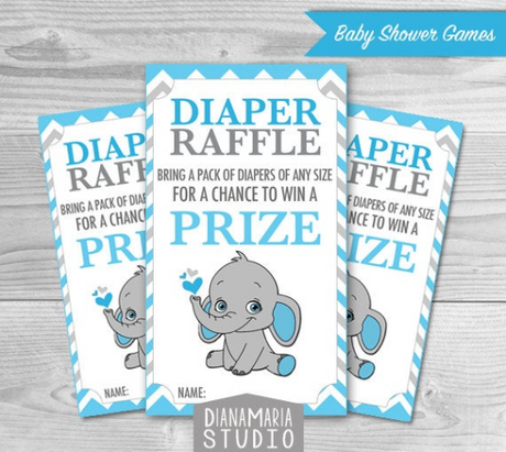Elephant Diaper Raffle Tickets Printables for Baby Boy Shower DIY blue, gray chevron - INSTANT DOWNLOAD