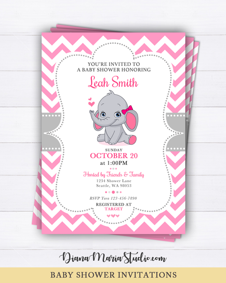 Elephant Baby Shower Invitation - Girl baby shower invite - Pink and gray invite chevron - PRINTABLE