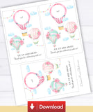 Air Balloon Baby Shower Favor Cards - INSTANT DOWNLOAD