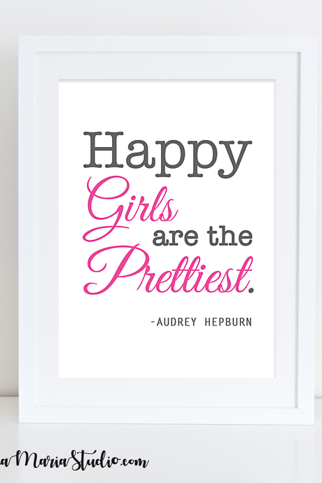 Printable Girl Room Wall Art Quote - Audrey Hepburn Quote - Happy Girls are the Prettiest