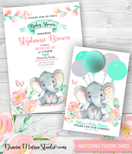 Elephant Girl Baby Shower Invitation and Favors - Printable PDF