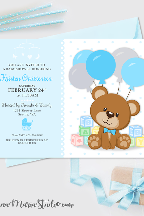 Teddy Bear Blocks Baby Shower Invitation - Boy Baby Shower