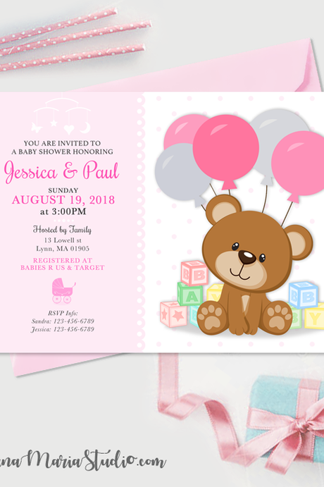 Teddy Bear Blocks Baby Shower Invitation - Girl Baby Shower