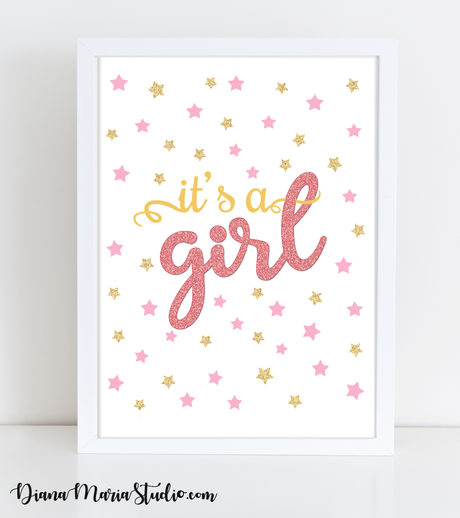 It's A Girl Sign, Baby Shower Decorations, Baby Girl Baby Shower Sign, Pink Gold Glitter Printable 8x10