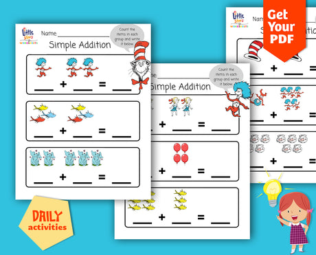 Homeschooling Addition Dr Seuss Printable worksheet for toddler Daily activities toddler Preschool simple addition