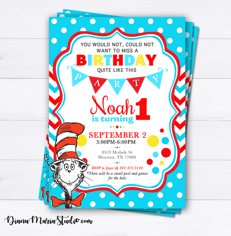 Printable Dr Seuss Birthday Invitation Cat in the hat Invites