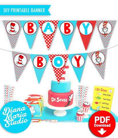 Boy Baby Shower Banner - Printable Dr Seuss Decorations Baby Shower -Cat in the Hat Party Pennant Banner - INSTANT DOWNLOAD
