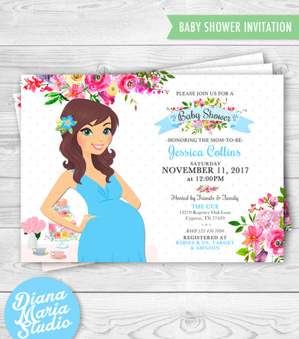 Floral Baby Shower Invitation Custom Mom-to-be illustration - DIY PRINTABLE INVITATION