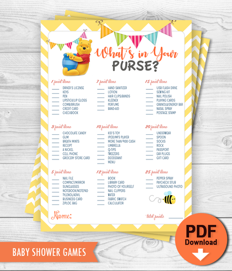 Printable Game Winnie the Pooh - What's in your purse Baby Shower Game - INSTANT DOWNLOAD