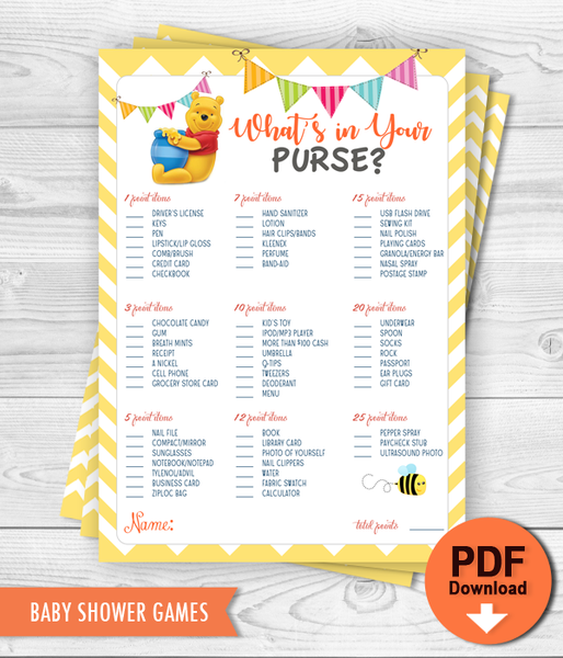 Printable Game Winnie the Pooh What's in your purse Baby Shower Game  INSTANT DOWNLOAD