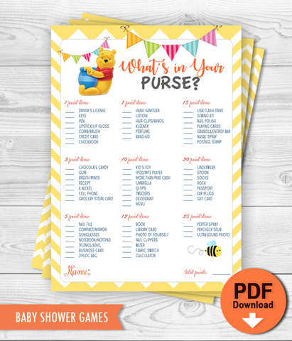 Printable Game Winnie the Pooh - What's in your purse Baby Shower Game - INSTANT DOWNLOAD