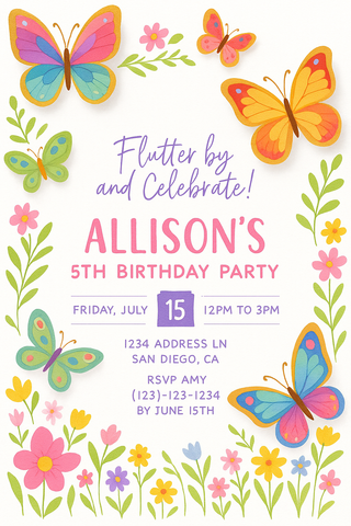 Butterfly Birthday Invitation for Girls Flowers and Butterflies Invites in Pastel Watercolor Printable Card