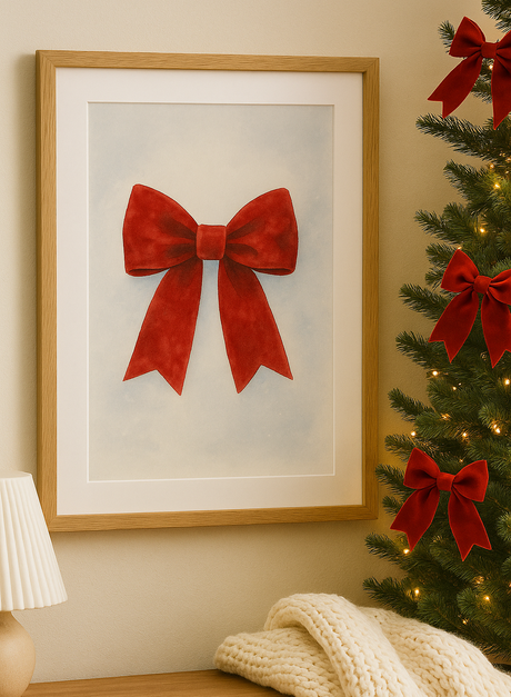 Christmas Bow Printable Art – Red Velvet Bow Holiday Decor Artwork - Instant Download