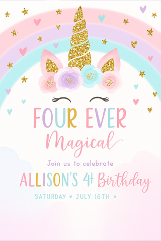 Unicorn 4th Birthday Invitation, Four Ever Magical Invite, Rainbow Unicorn, Pink Gold Pastel Floral Unicorn Party