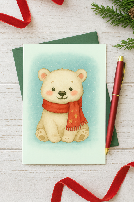 Christmas Greeting card Cute Polar Bear Print with Red Scarf – Winter Animal Wall Art - Instant Download