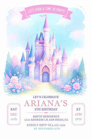 Princess Birthday Invite, Girl Fairytale Princess Birthday Castle Party Invitation
