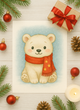 Cute Watercolor Polar Bear Print with Red Scarf – Winter Animal Wall Art - Instant Download