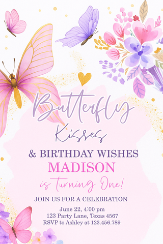 Girl Butterfly Birthday Invitation Flowers and Butterflies Invites in Pastel Watercolor