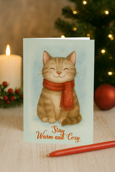 Christmas greeting Cat Lovers Card Cozy Scarf Cat - Instant Download