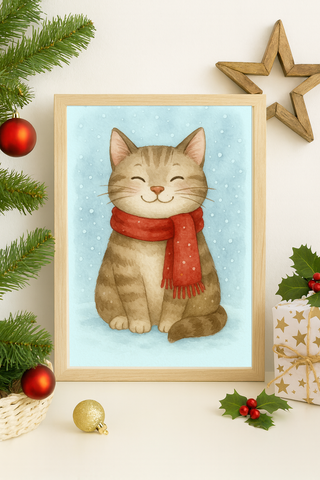 Home Decor Christmas Collection Watercolor Winter Cat Print Cozy Scarf Cat - Instant Download