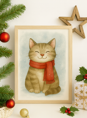 Home Decor Christmas Collection Watercolor Winter Cat Print Cozy Scarf Cat - Instant Download