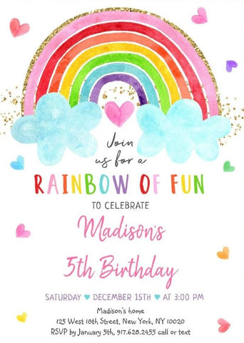 Rainbow Cloud Hearts Watercolor Birthday Invitation