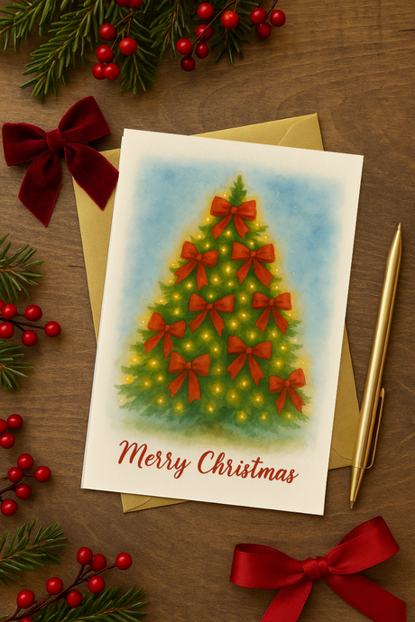 Christmas greeting Card Watercolor Christmas Tree with red velvet bows - Instant Download