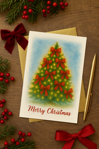 Christmas greeting Card Watercolor Christmas Tree with red velvet bows - Instant Download