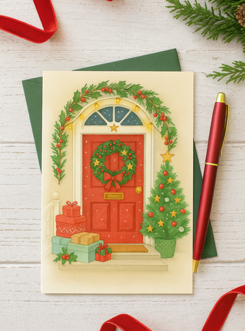 Christmas card Red Door Artwork with Tree and Gifts-  Instant Download
