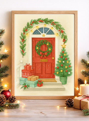 Watercolor Christmas Home Decor Print – Red Door Artwork with Tree and Wrapped Gifts - Instant Download