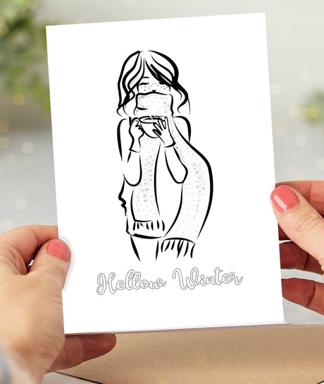 Printable Card Winter Vibes Girl with Coffee Coloring card