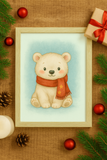 Cute Watercolor Polar Bear Print with Red Scarf – Winter Animal Wall Art - Instant Download