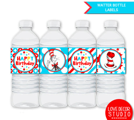 Dr Seuss Water Bottle Labels - Birthday Cat in the hat printable labels - INSTANT DOWNLOAD