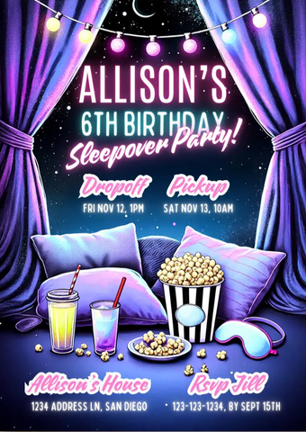 Sleepover Birthday Invitation, Girls Night Slumber Party Sleep Over, Digital Template, Editable Invite, Instant Download, Printable Card