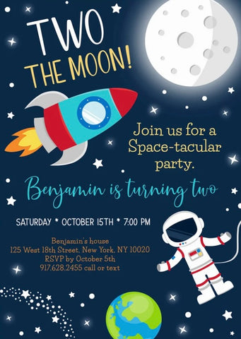 Two The Moon Space Birthday Invitation Astronaut Planet Outer Space Birthday Party Solar System Rocket Ship Printable