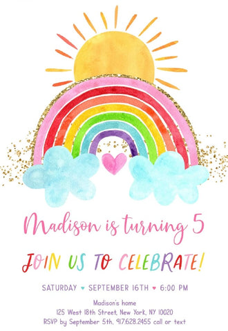 Rainbow Sunshine Birthday Invitation Printable Card
