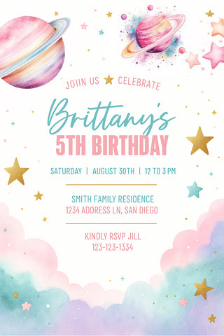 Outer Space Birthday Invitation for Girl Galaxy Watercolor Birthday Party Invite