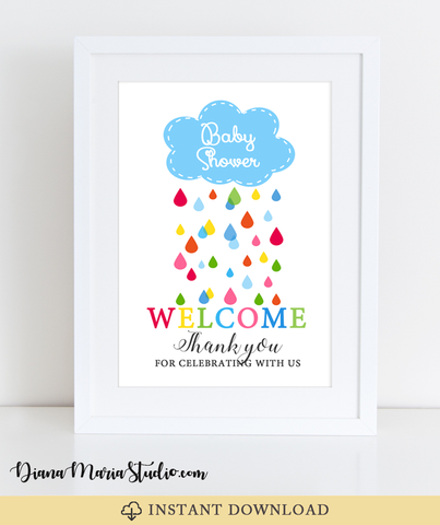 Welcome Sign Baby Shower Cloud Rainbow Drops - INSTANT DOWNLOAD