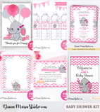 Elephant Baby Shower Invitation - Girl baby shower invite - Pink and gray invite chevron - PRINTABLE