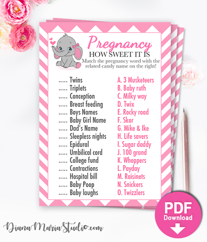 Printable Game Pregnancy How Sweet Baby Shower Elephant Theme INSTANT DOWNLOAD