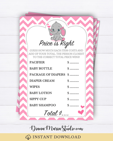 Price is Right Baby Shower Game Elephant chevron theme Pink Gray chevron - INSTANT DOWNLOAD